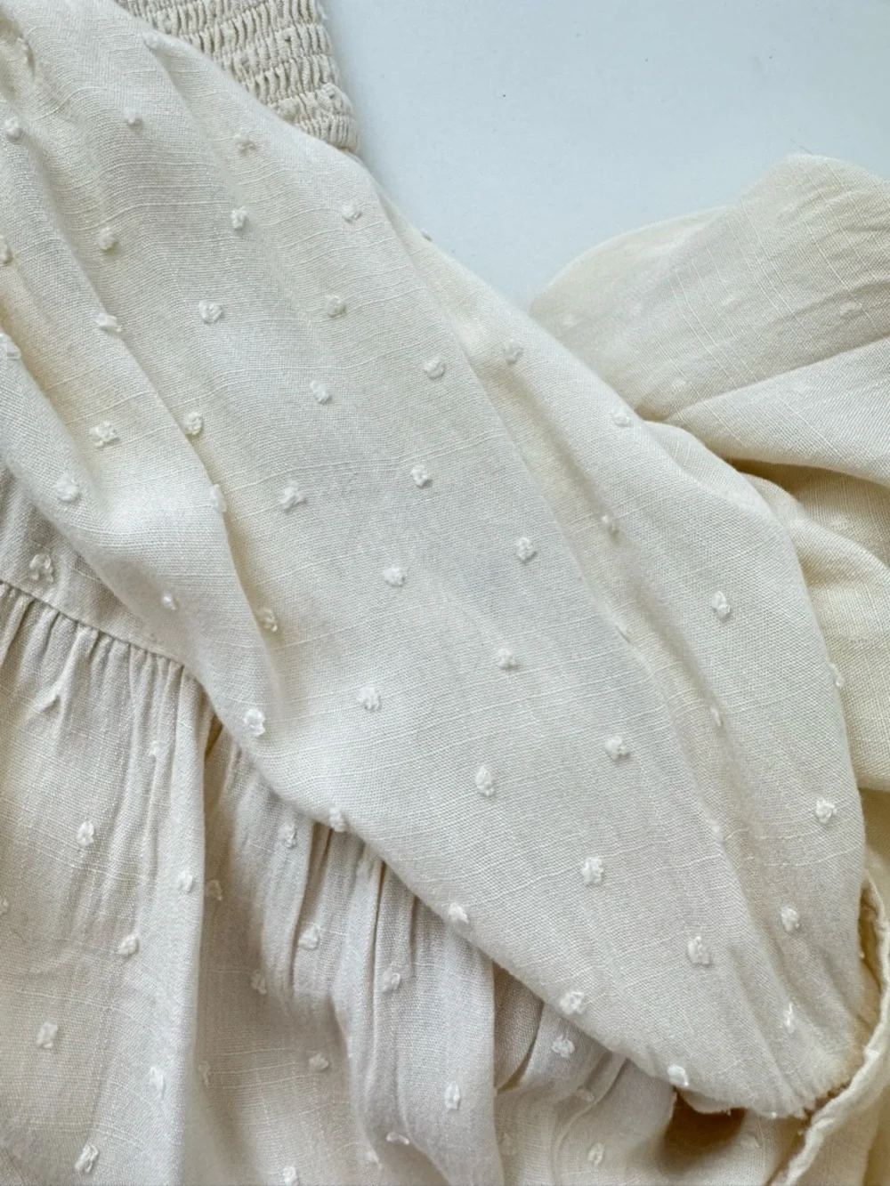 Cream Smocked Midi Dress Cottagecore Puff Sleeve Boho Swiss Dot Tiered Romantic - Picture 3 of 8